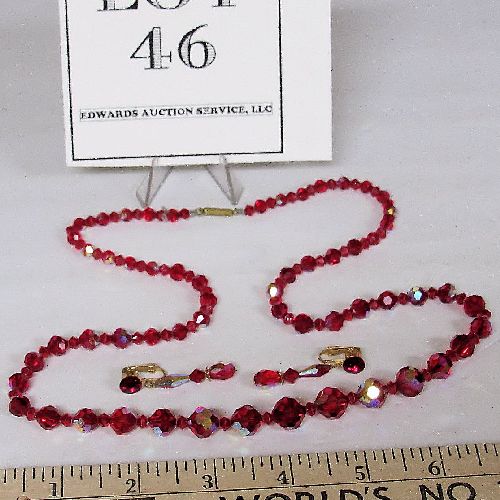 Pretty Red Rhinestone Necklace and Earrings Set