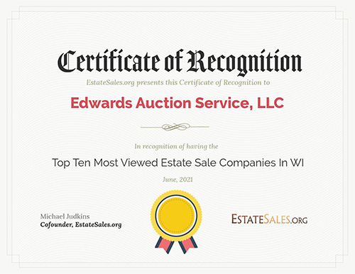 Certificate of Recognition June 2021 Edwards Auction Service, LLC - Top Ten Most Viewed Estate Sale Companies in WI
