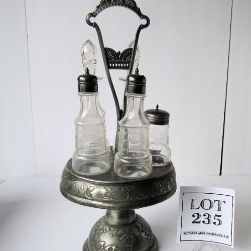 Antique caster set with etched glass jars, Boston Silver Plate Co